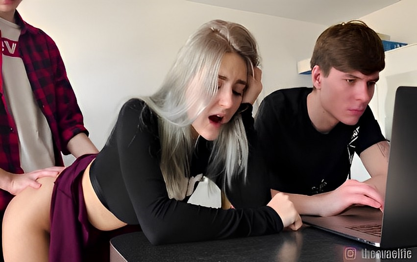 Being engrossed in work, his wife was being fucked next to him without realizing it